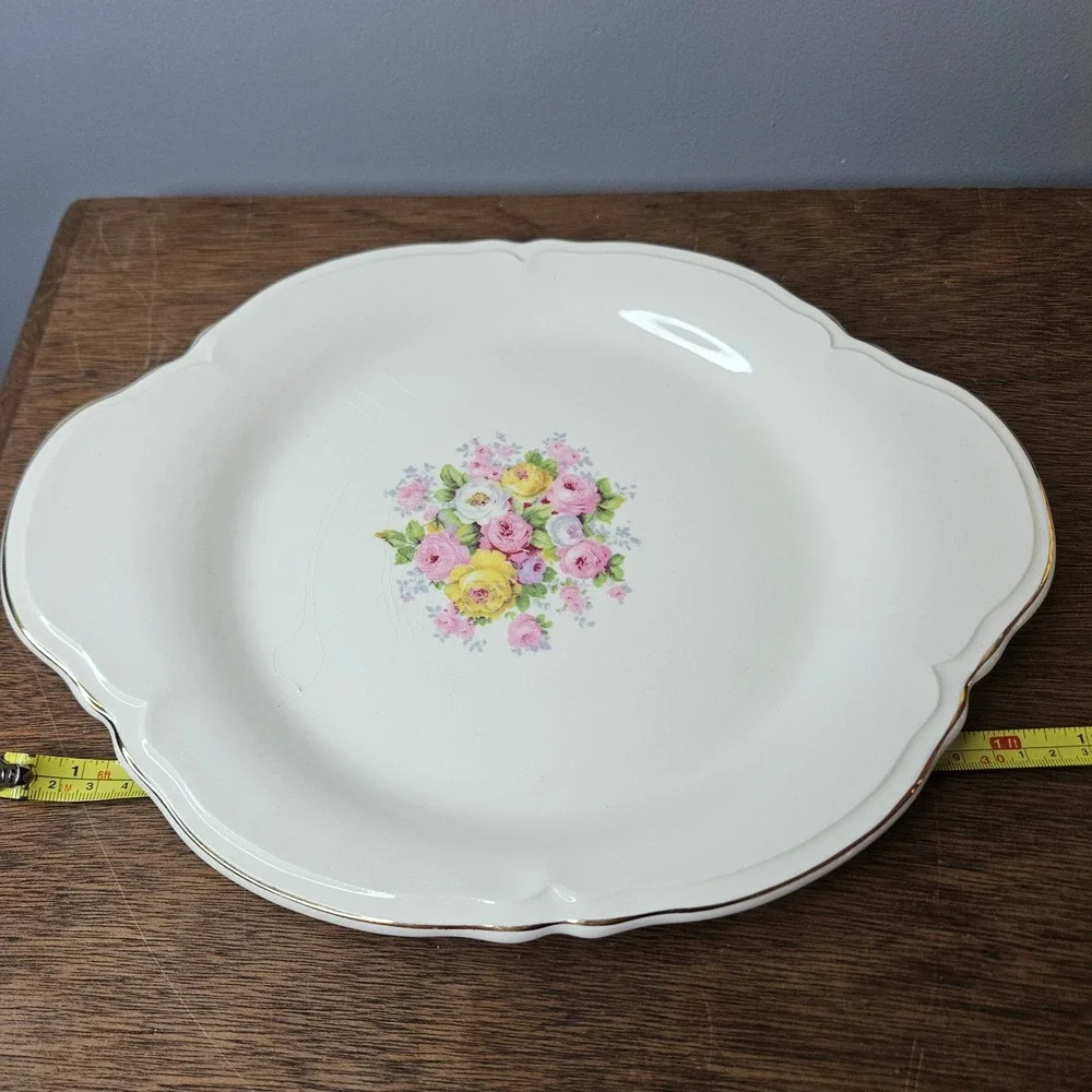 Edwin M Knowles China Floral Serving Platter Tab Handles Scalloped Gold Trim 12